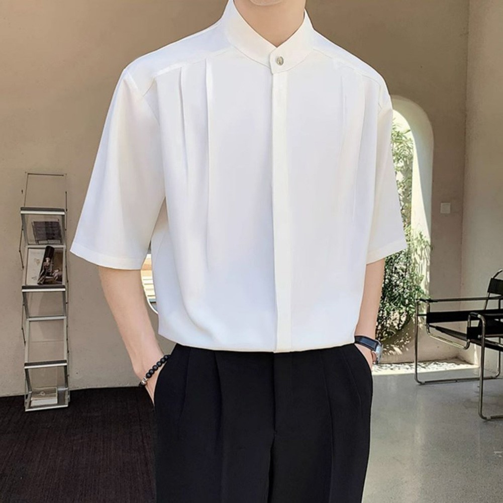 Summer Black Men Plain Loose Casual Short Sleeve Shirt Handsome Button Top - Picture 23 of 34