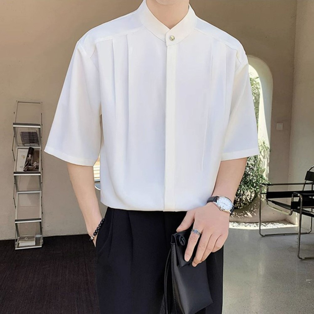 Summer Black Men Plain Loose Casual Short Sleeve Shirt Handsome Button Top - Picture 22 of 34