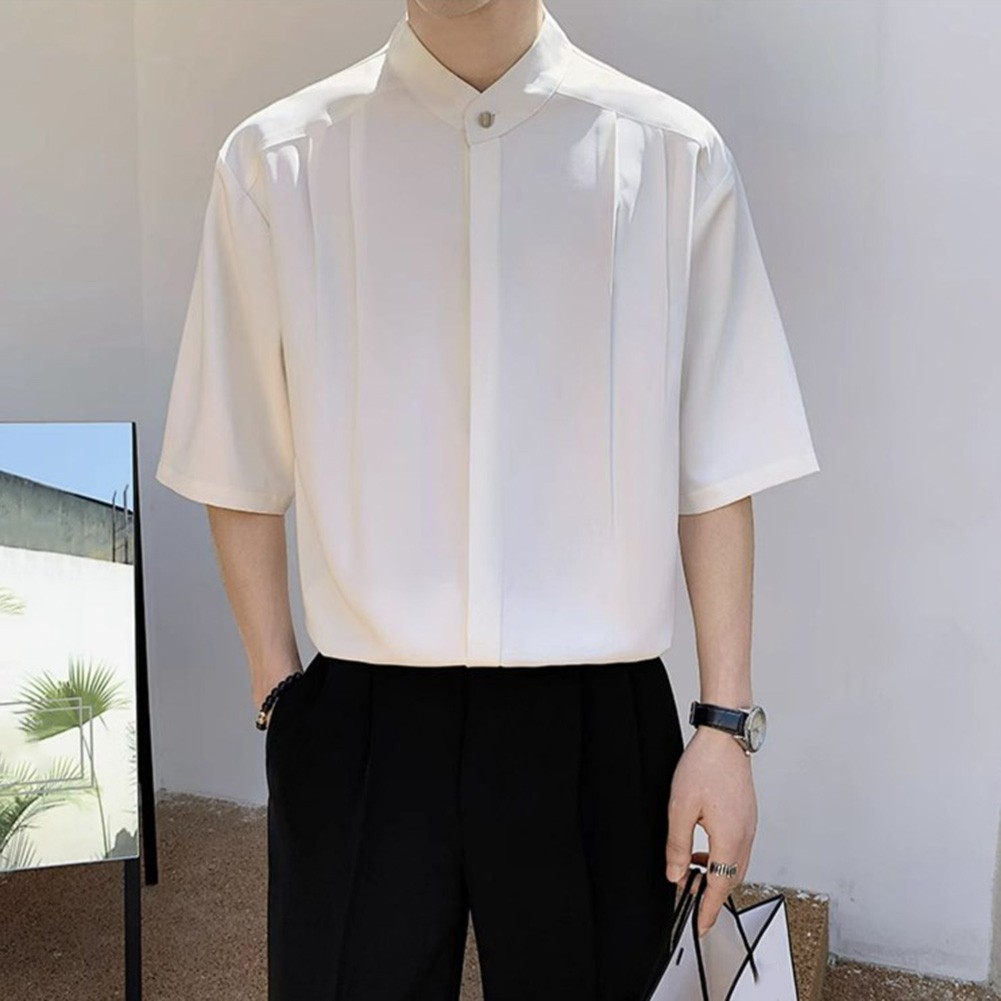 Summer Black Men Plain Loose Casual Short Sleeve Shirt Handsome Button Top - Picture 21 of 34