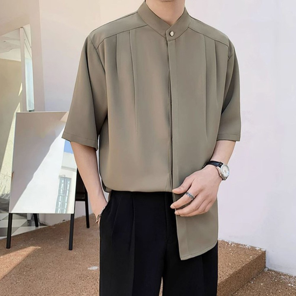 Summer Black Men Plain Loose Casual Short Sleeve Shirt Handsome Button Top - Picture 29 of 34