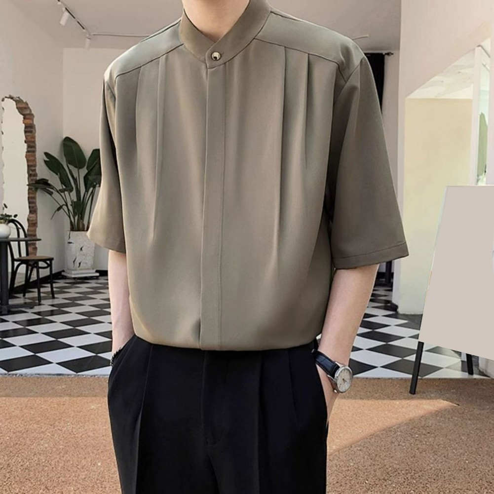 Summer Black Men Plain Loose Casual Short Sleeve Shirt Handsome Button Top - Picture 31 of 34