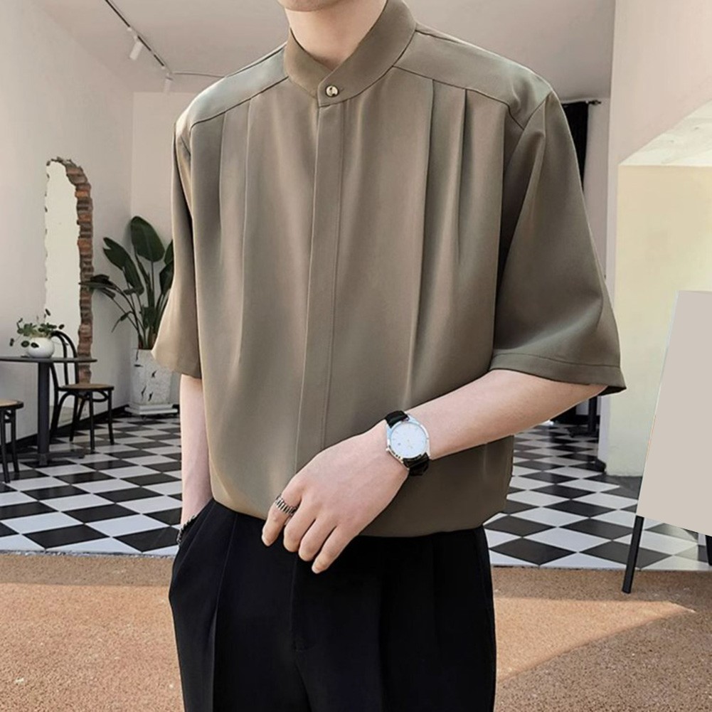 Summer Black Men Plain Loose Casual Short Sleeve Shirt Handsome Button Top - Picture 32 of 34