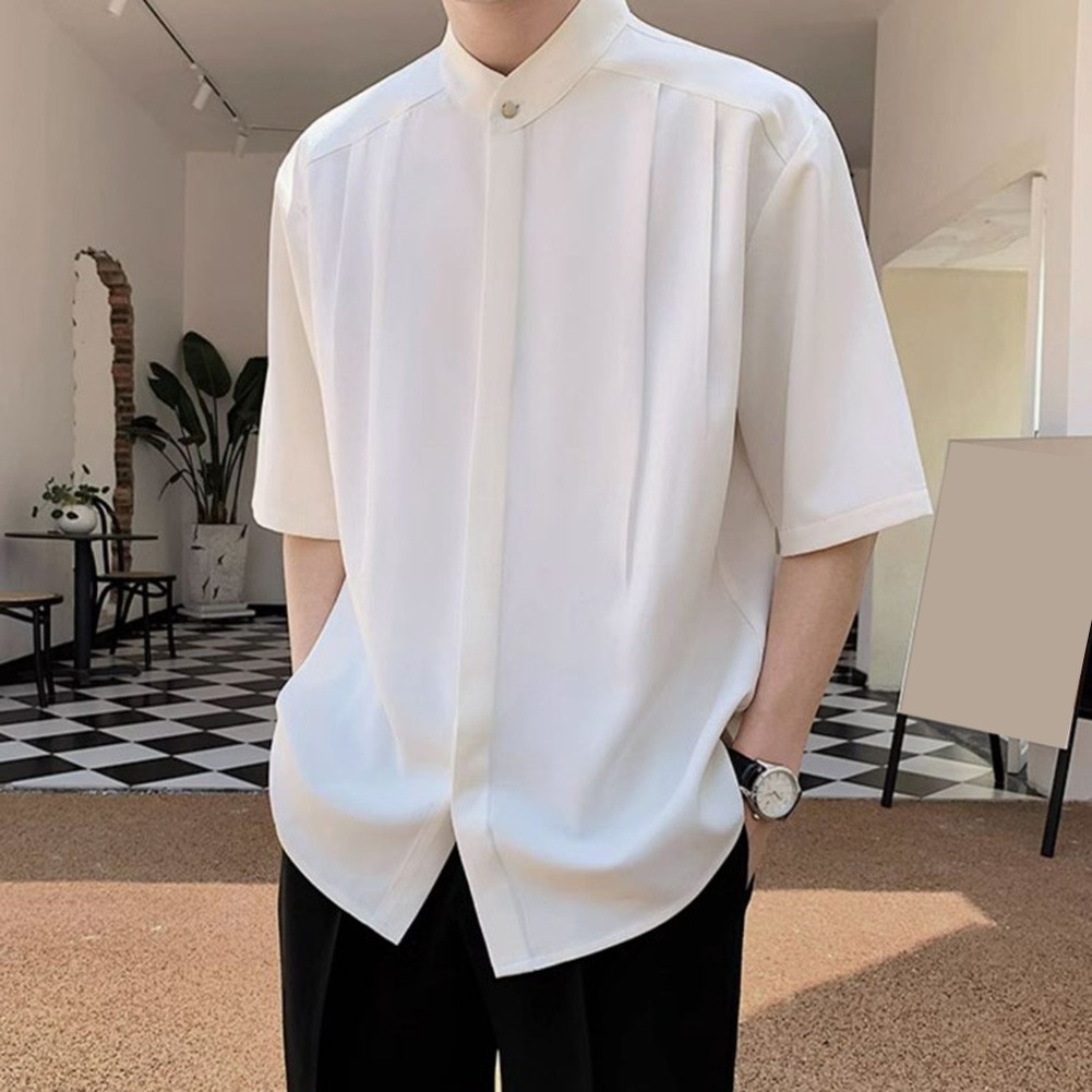Summer Black Men Plain Loose Casual Short Sleeve Shirt Handsome Button Top - Picture 13 of 34