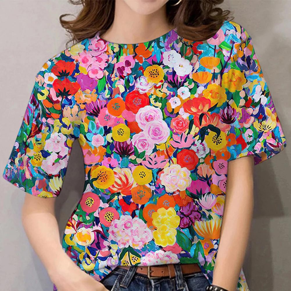 Stylish Floral Print Women's T Shirt 3D O Neck Loose Tops Short Sleeves - Picture 14 of 17
