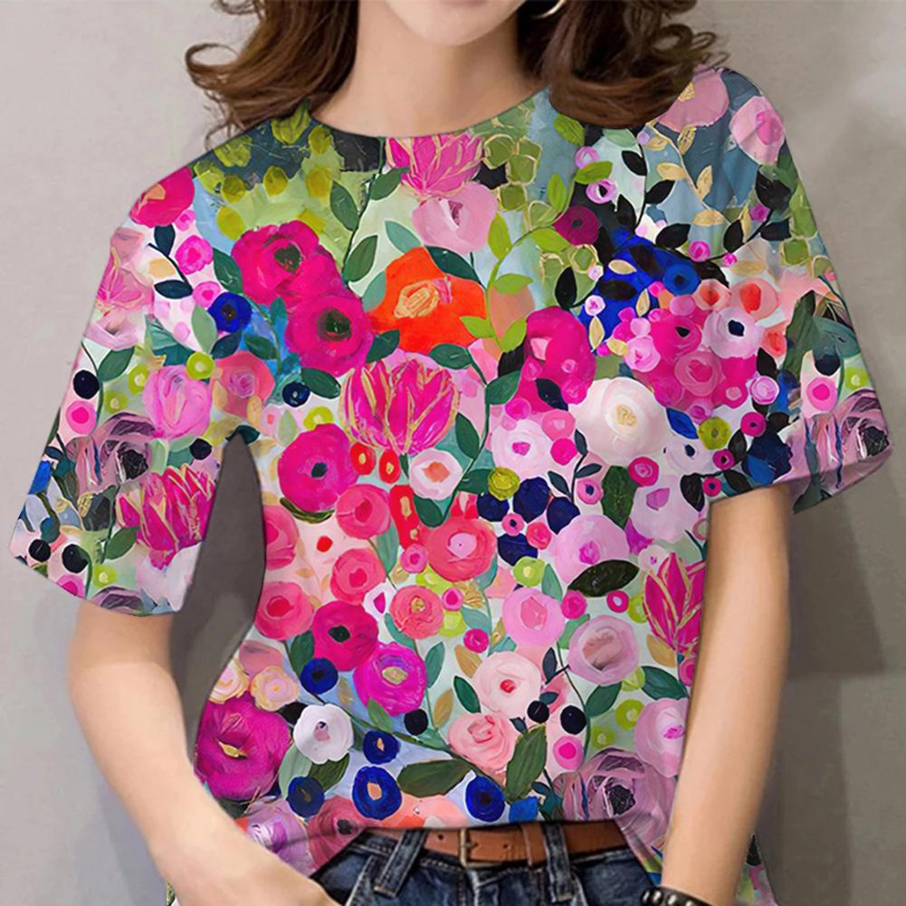 Stylish Floral Print Women's T Shirt 3D O Neck Loose Tops Short Sleeves - Picture 16 of 17