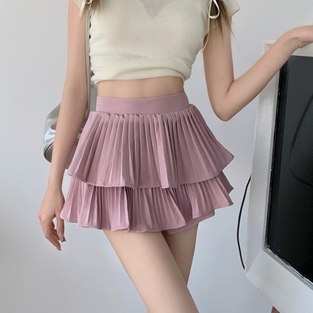 Casual Women's High Waisted Ruffled Pleated Short Skirt in Solid Color - Picture 16 of 39