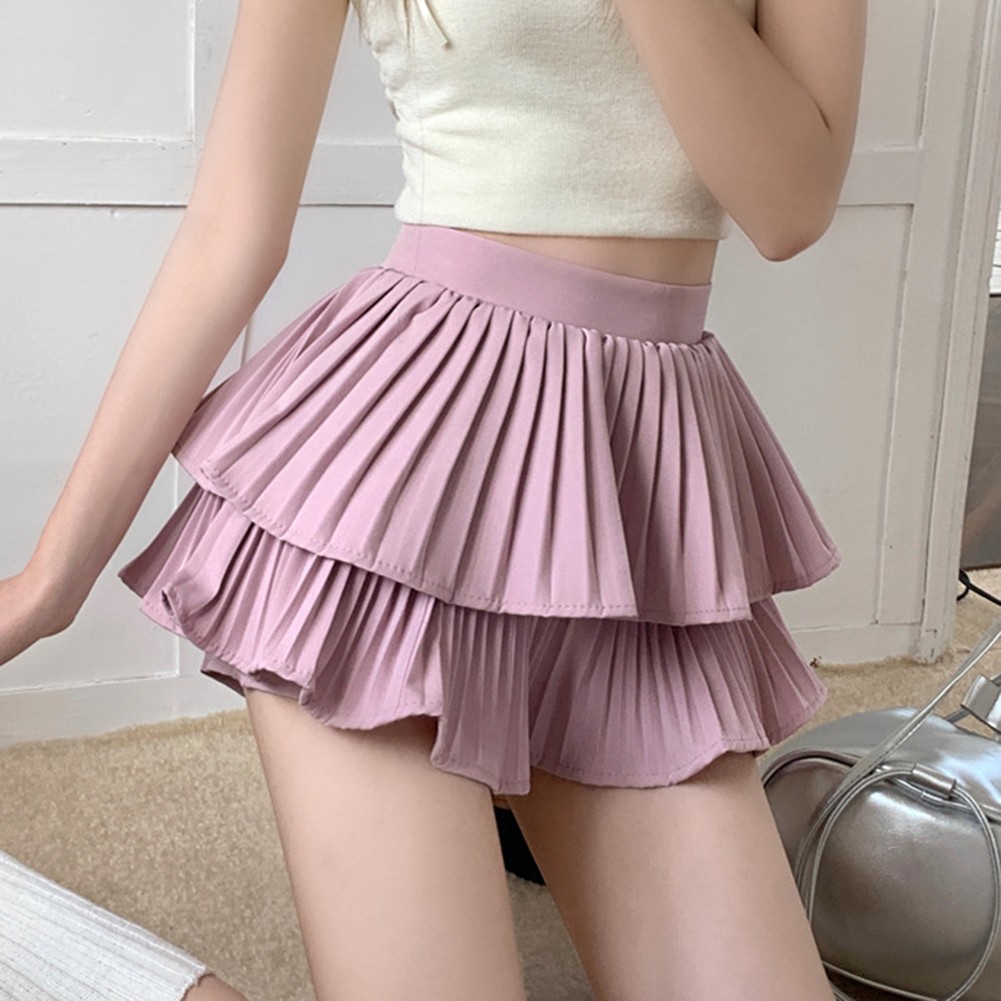 Casual Women's High Waisted Ruffled Pleated Short Skirt in Solid Color - Picture 17 of 39
