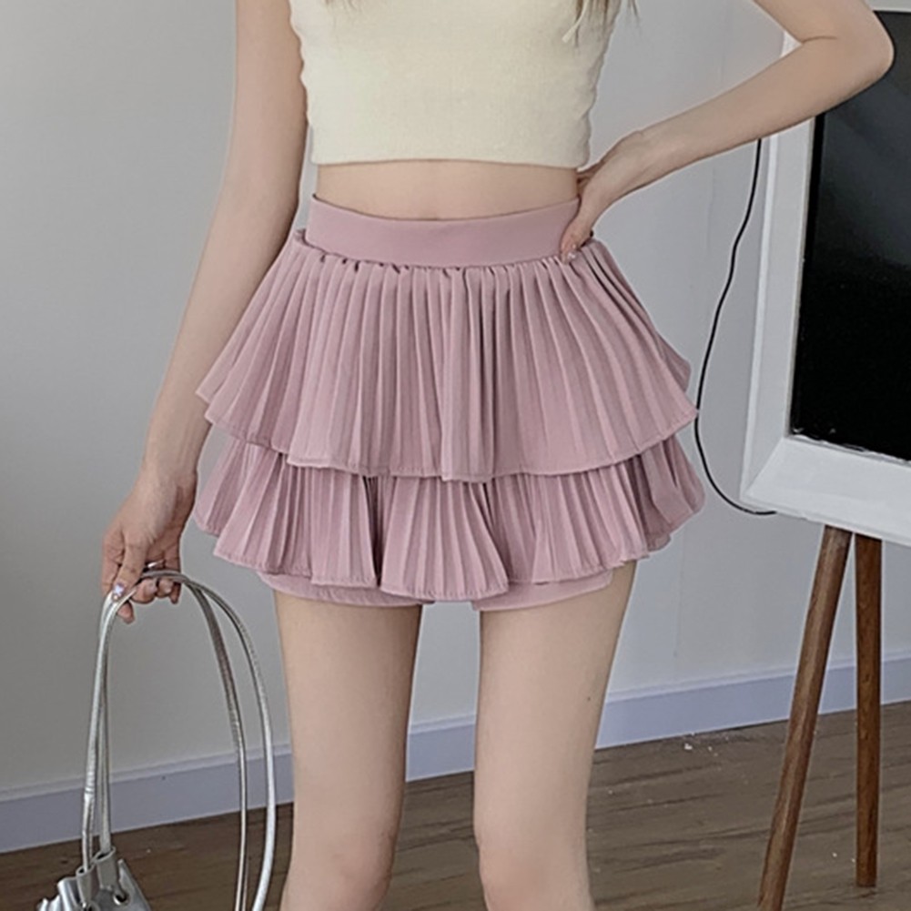 Casual Women's High Waisted Ruffled Pleated Short Skirt in Solid Color - Picture 19 of 39