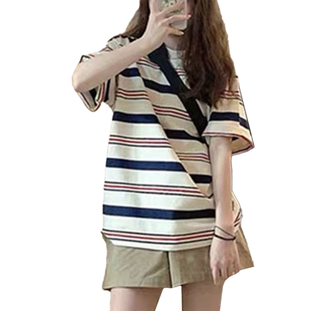 T-shirt Short Sleeves Tops Spandex Stripes Temperament Versatile White