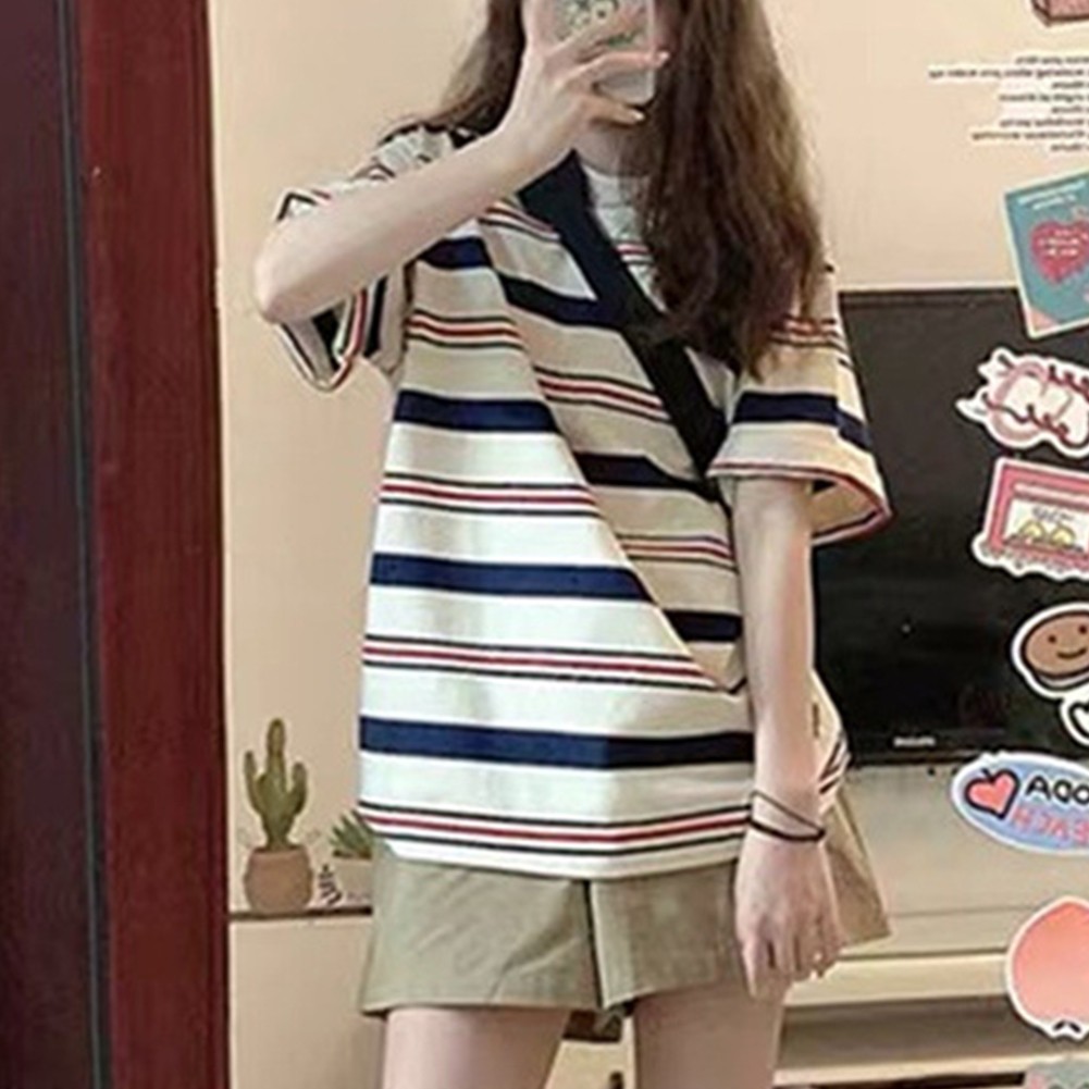 T-shirt Short Sleeves Tops Spandex Stripes Temperament Versatile White