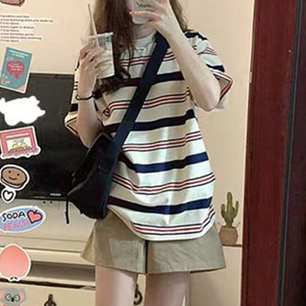 T-shirt Short Sleeves Tops Spandex Stripes Temperament Versatile White