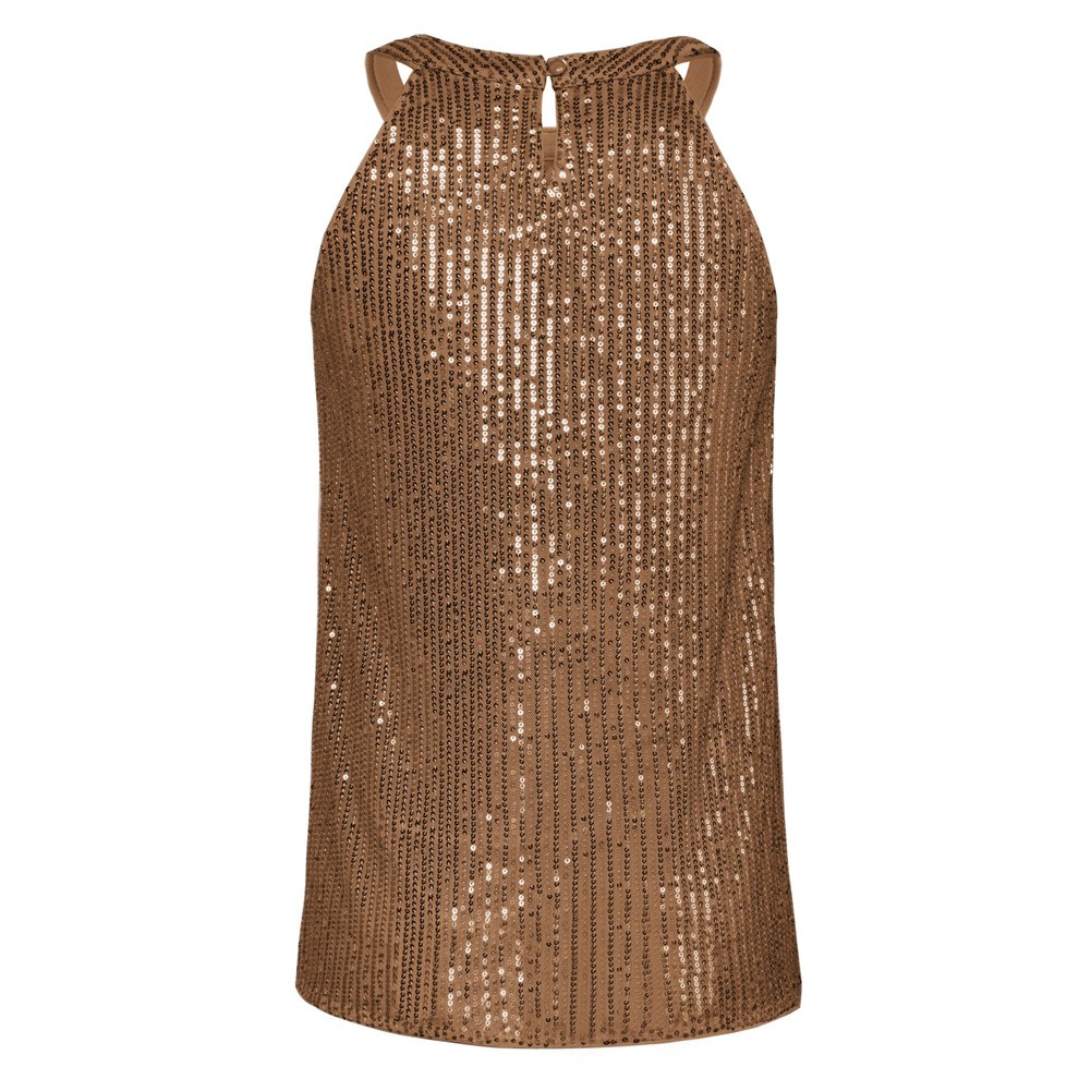 Womens Sparkling Sequin Halterneck Tops usine Sleeveless Keyhole Back Button