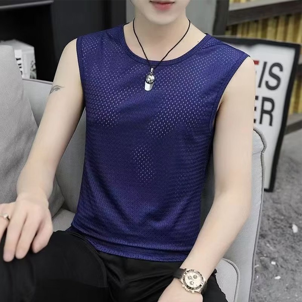 Men's O Neck Sleeveless Tank Top Summer Casual T Shirt in Solid Color (Gray)