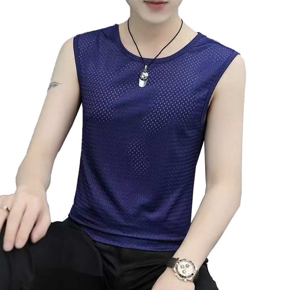 Men's O Neck Sleeveless Tank Top Summer Casual T Shirt in Solid Color (Gray)