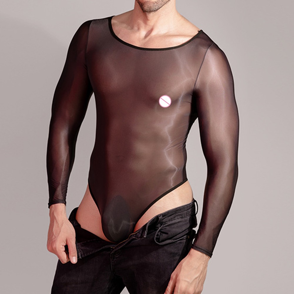 Men's Solid Long Sleeve High Elastic Bodysuit Lingerie Stretchy Thong Style - Picture 13 of 19