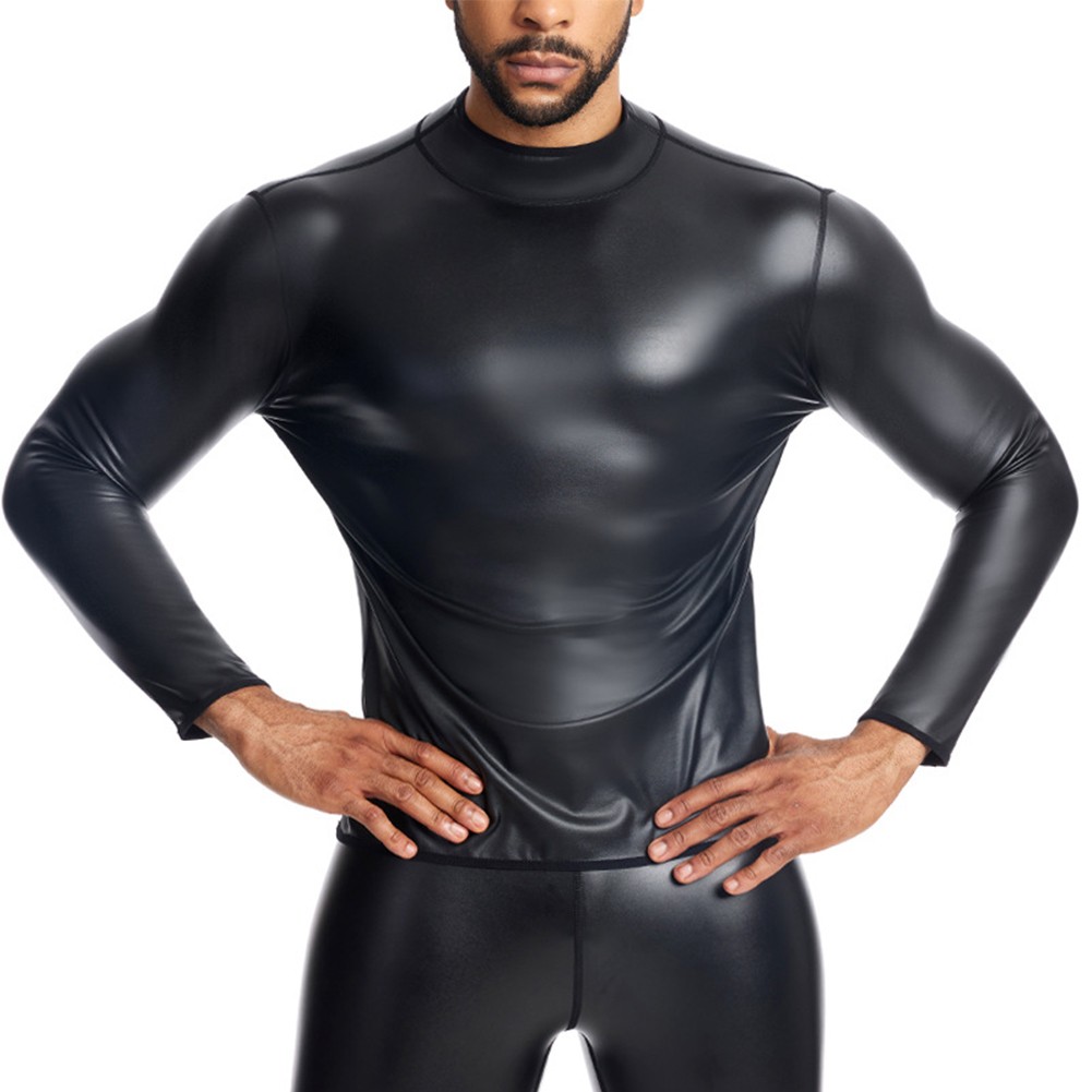 Men’s Half Turtleneck Wet Look Shapewear Blouse for Slim Fit Waist Trainer