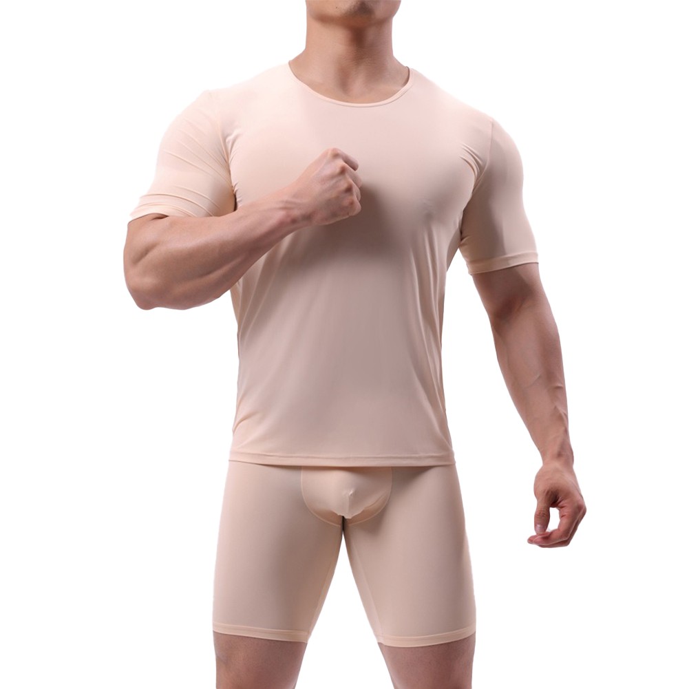 T-shirt uomo trendy maglia seta ghiaccio trasparente tinta unita scollo O - Foto 13 di 32