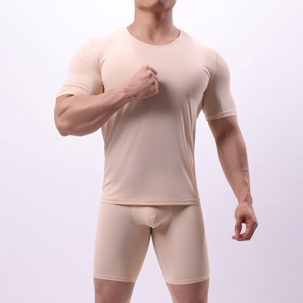 T-shirt uomo trendy maglia seta ghiaccio trasparente tinta unita scollo O - Foto 15 di 32