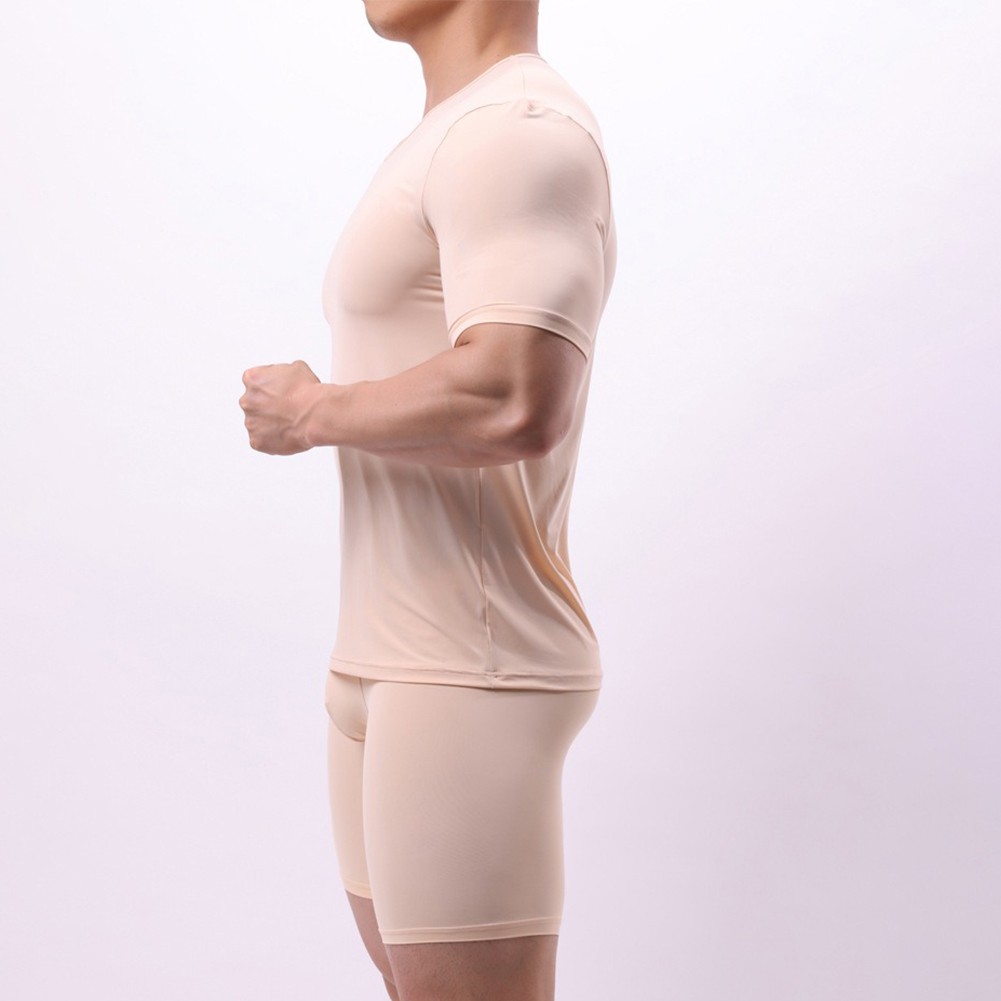 T-shirt uomo trendy maglia seta ghiaccio trasparente tinta unita scollo O - Foto 16 di 32