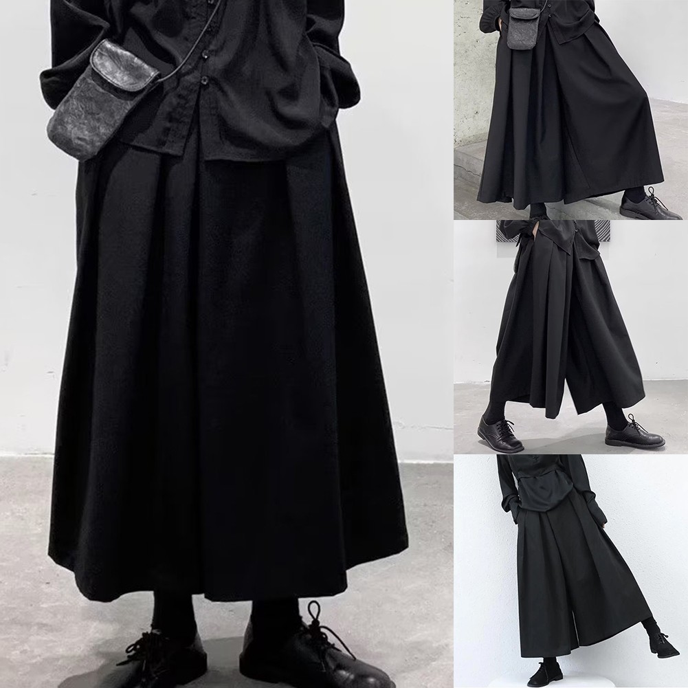 Men's Loose Fit Cropped Hakama Pants in Gothic Dark Design for