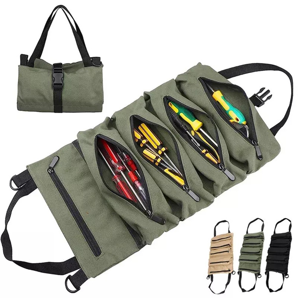 Multi-Purpose Tool Roll Up Bag Wrench Pouch Canvas Hanging Organizer w/ 5 Pocket - Picture 16 of 19