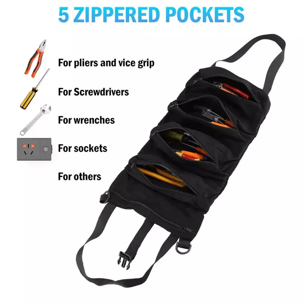 Multi-Purpose Tool Roll Up Bag Wrench Pouch Canvas Hanging Organizer w/ 5 Pocket - Picture 13 of 19