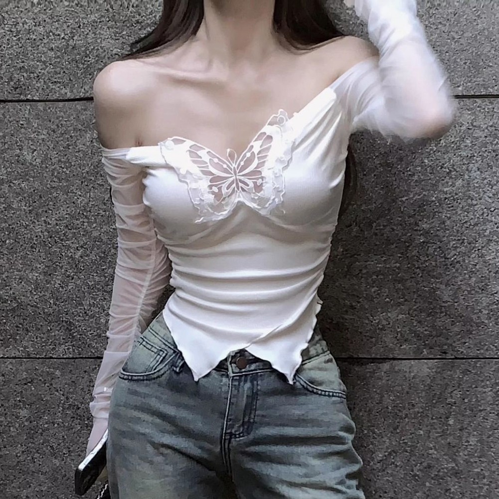 Sexy Hollow Off Shoulder T Shirts Women's Korean Style Long Sleeve Streetwear - Picture 13 of 27