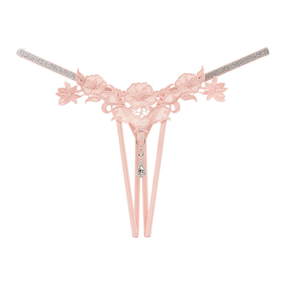 Wine Red Rhinestone Lace Thong Panties with Hollow Embroidery for Women