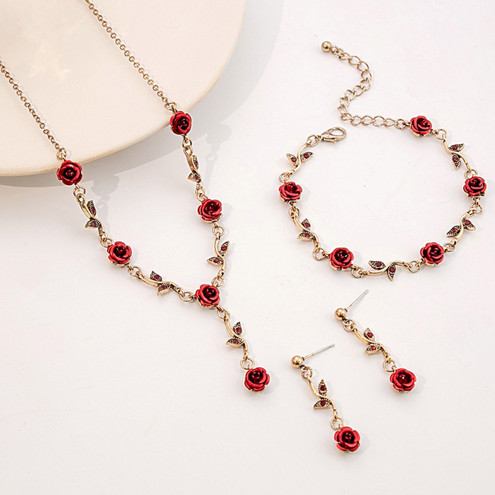 Exquisite Women's Jewelry Set with Retro Roses Bracelet Earrings and Necklace - Picture 7 of 7