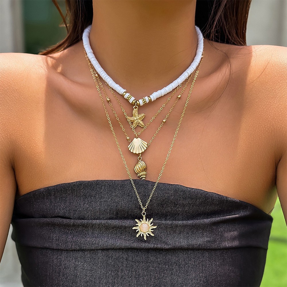 Bohemian Pottery Beads Necklace with Metal Sun Pendant and Layered Chains - Picture 14 of 43