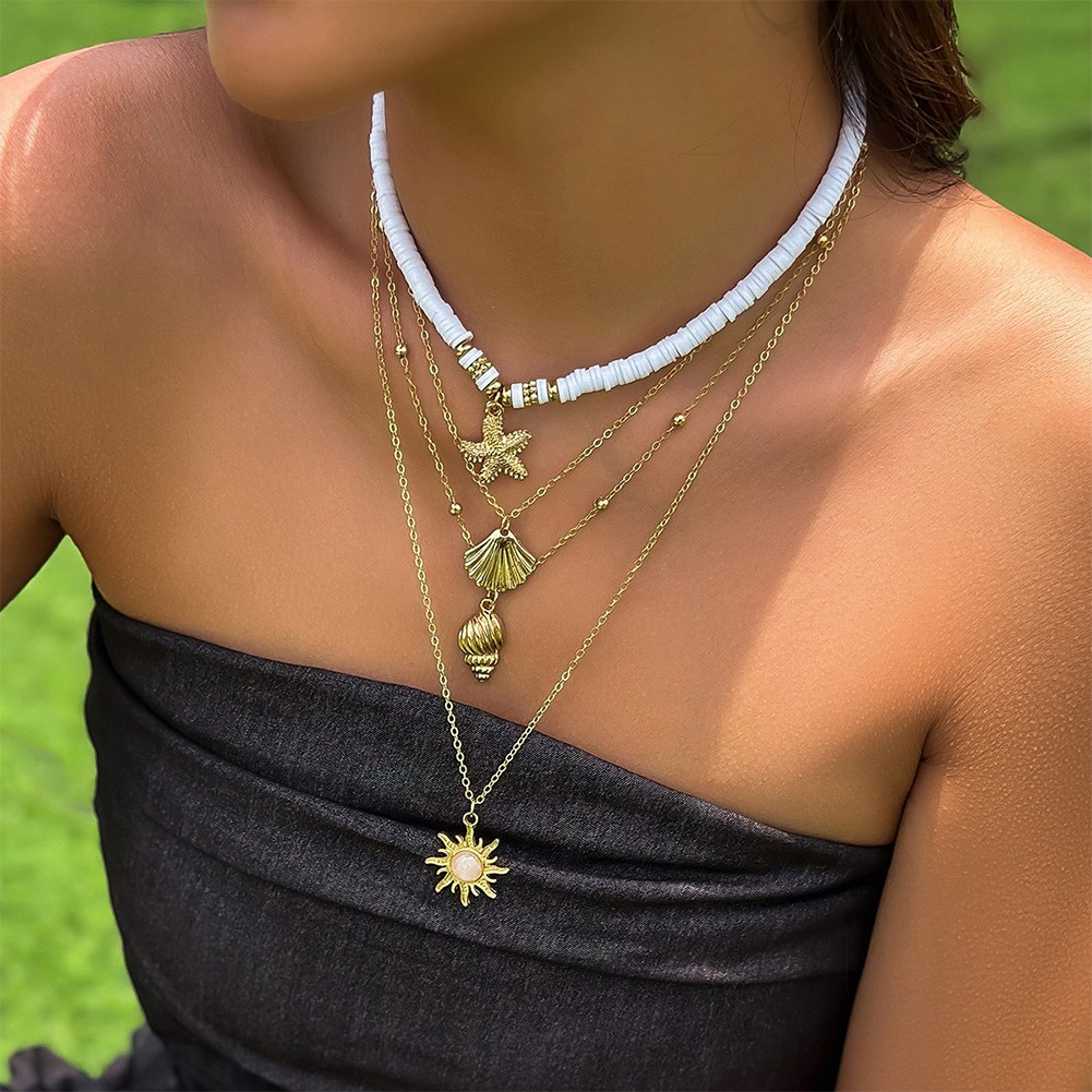 Bohemian Pottery Beads Necklace with Metal Sun Pendant and Layered Chains - Picture 15 of 43