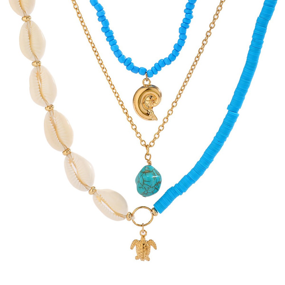 Bohemian Pottery Beads Necklace with Metal Sun Pendant and Layered Chains - Picture 29 of 43
