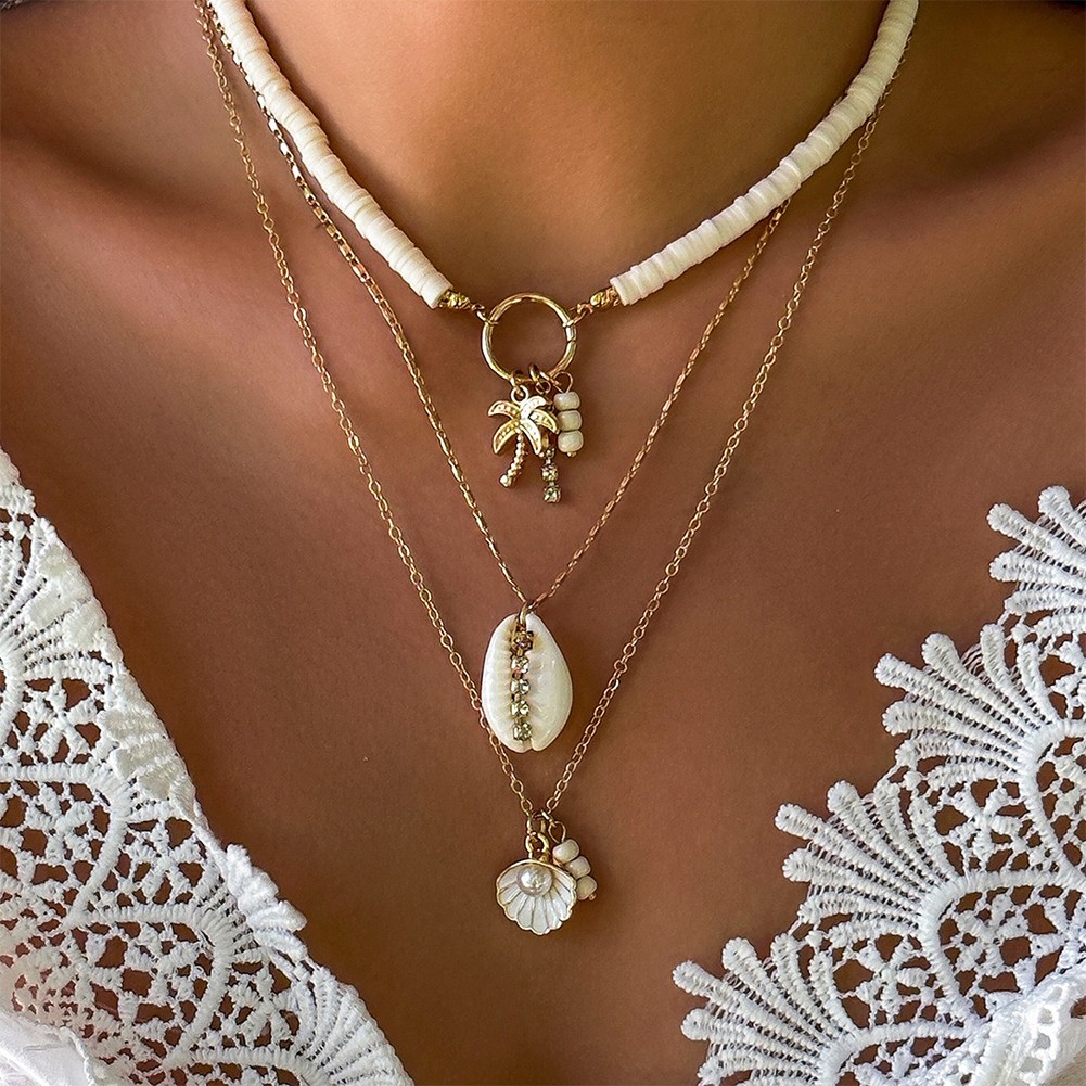 Bohemian Pottery Beads Necklace with Metal Sun Pendant and Layered Chains - Picture 31 of 43