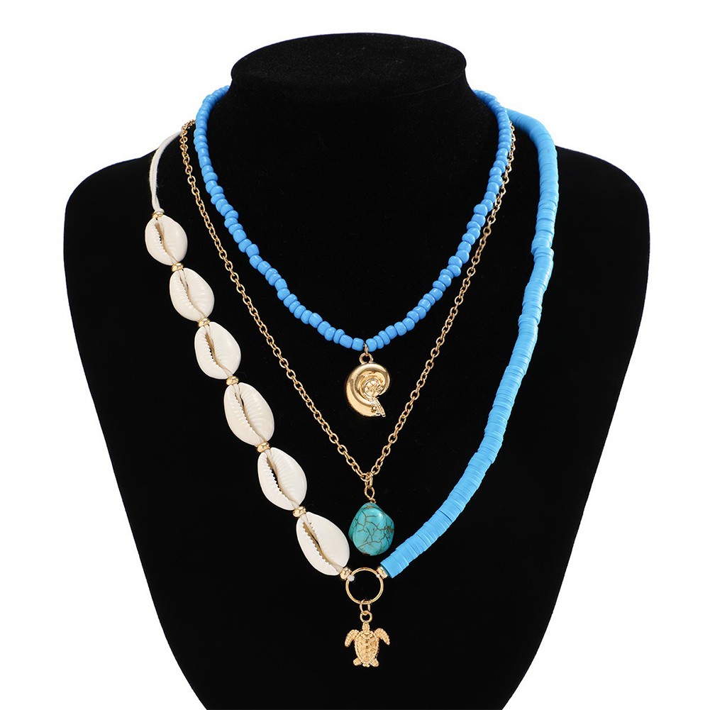 Bohemian Pottery Beads Necklace with Metal Sun Pendant and Layered Chains - Picture 25 of 43