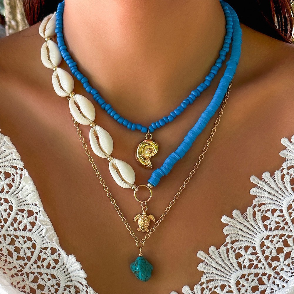 Bohemian Pottery Beads Necklace with Metal Sun Pendant and Layered Chains - Picture 24 of 43