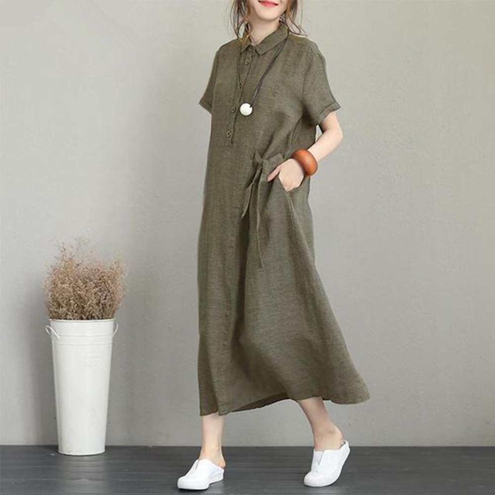 Black Summer Women Cotton Linen Vintage Casual Loose Oversie Long Dress - Picture 8 of 14