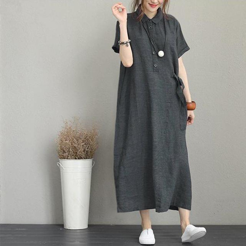 Army Green Summer Women Vintage Casual Loose Oversie Cotton Linen Dress - Picture 14 of 26