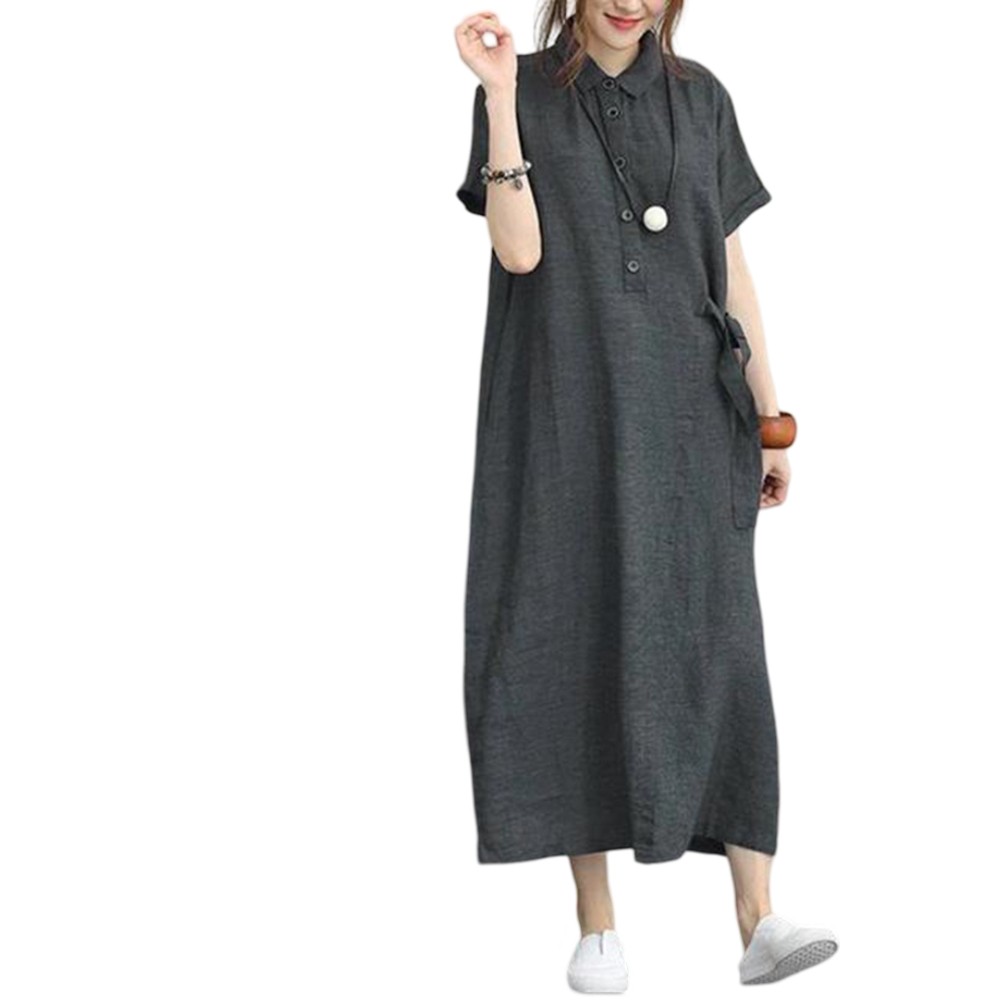 Army Green Summer Women Vintage Casual Loose Oversie Cotton Linen Dress - Picture 13 of 26