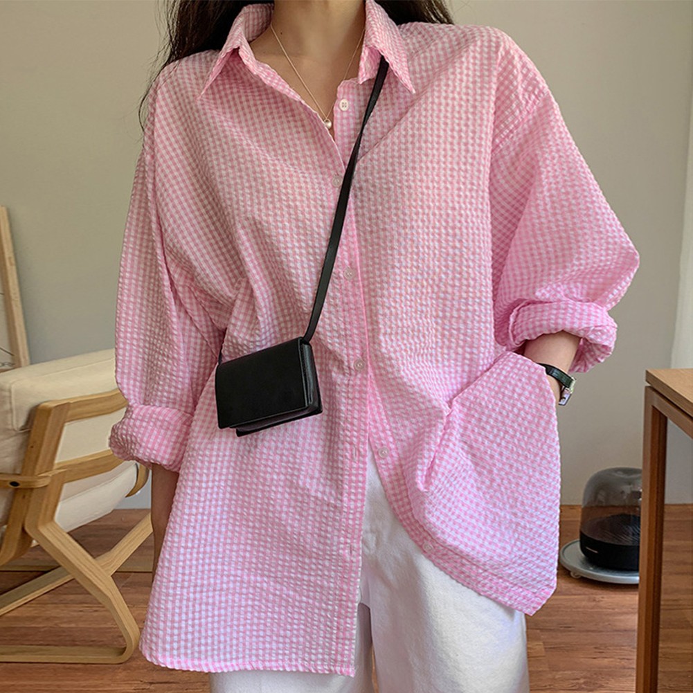 Comfortable Loose Fit Shirt with Textured Plaid Pattern and Midi Length - Picture 14 of 28