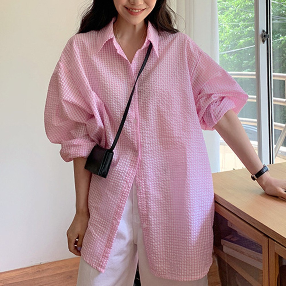 Comfortable Loose Fit Shirt with Textured Plaid Pattern and Midi Length - Picture 15 of 28