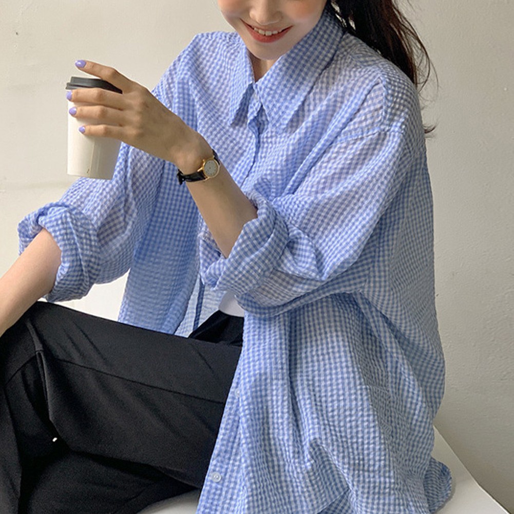 Textured Plaid Women's Shirt Loose Fit Midi Length with Sun Protection - Picture 11 of 15