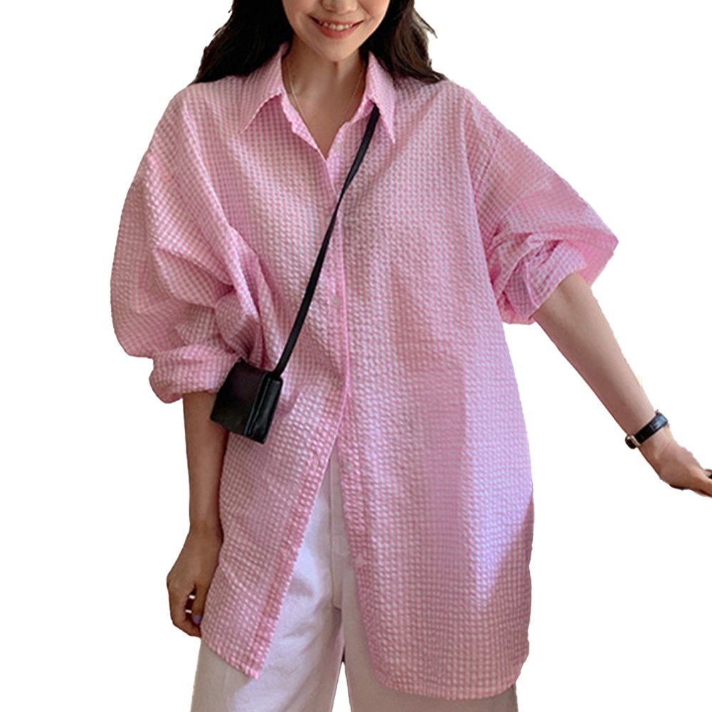 Comfortable Loose Fit Shirt with Textured Plaid Pattern and Midi Length - Picture 13 of 28