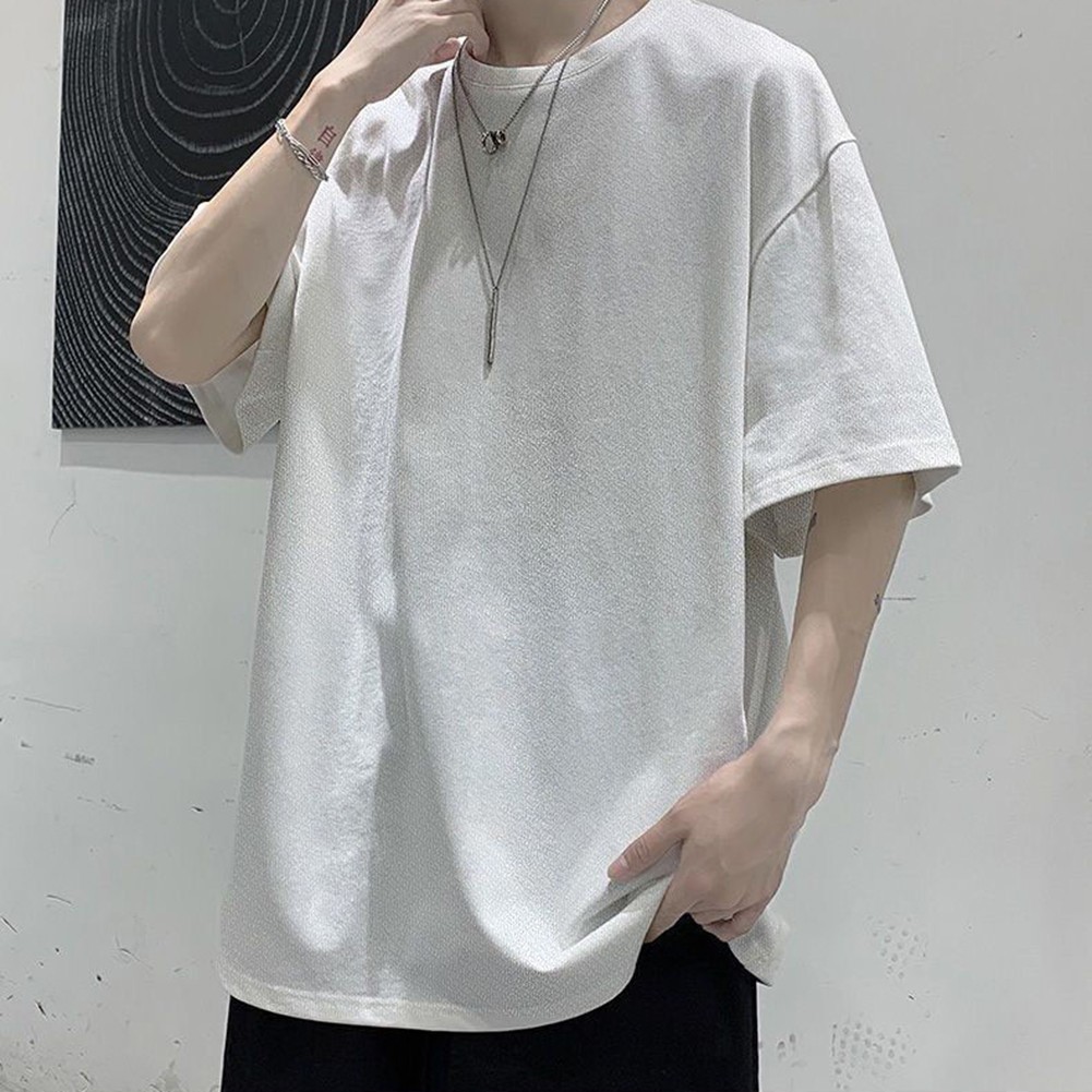 4) Basic Loose Thin Top for Men Summer Short Sleeve Solid Color O Neck T shirt - Picture 13 of 17