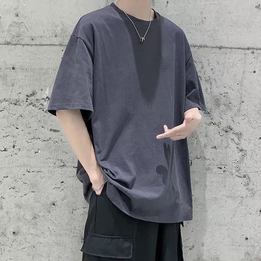 4) Basic Loose Thin Top for Men Summer Short Sleeve Solid Color O Neck T shirt - Picture 16 of 17
