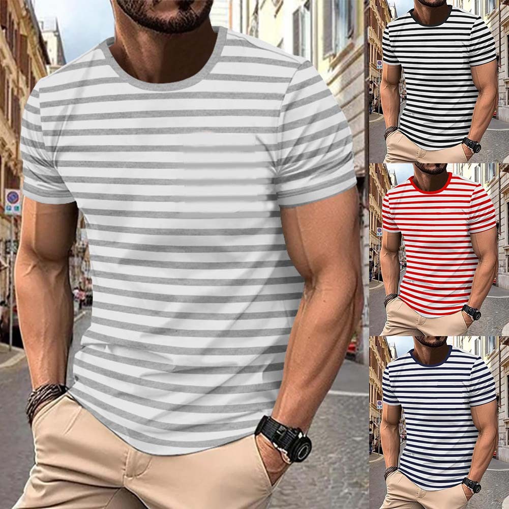 Bequeme Verschleiß Herren Sport T-Shirt Brandneu Gestreiftes Muster Kurzarm - Picture 7 of 18
