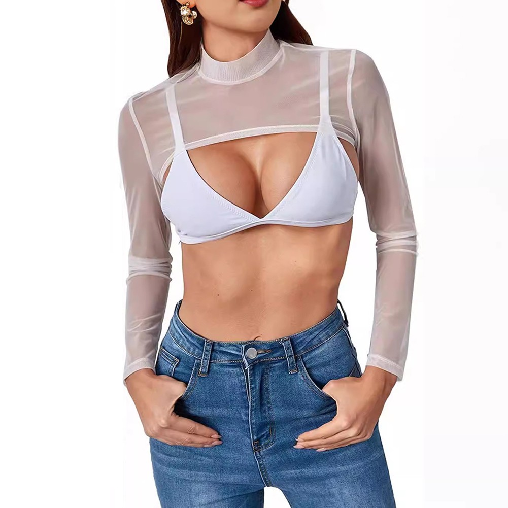 Trendy Women's Ultrathin Long Sleeves Mesh Transparent Crop Tops Blouse Tshirt - Picture 16 of 20