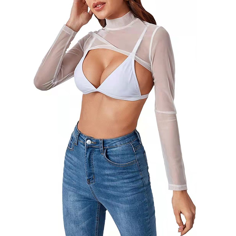 Trendy Women's Ultrathin Long Sleeves Mesh Transparent Crop Tops Blouse Tshirt - Picture 18 of 20