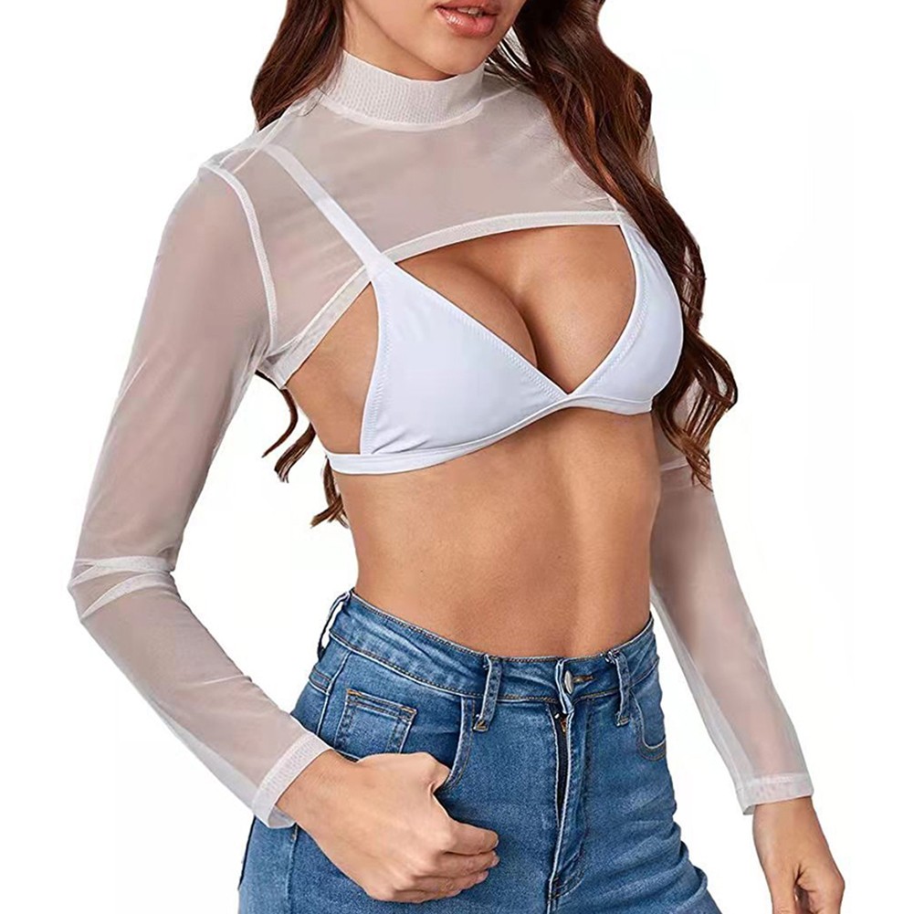 Trendy Women's Ultrathin Long Sleeves Mesh Transparent Crop Tops Blouse Tshirt - Picture 17 of 20