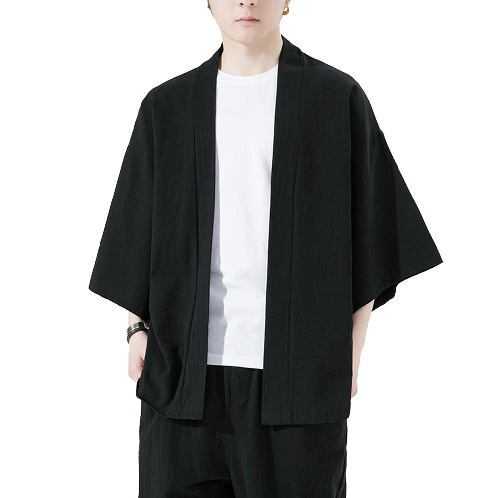 Vêtements kimono japonais élégants pour hommes couleur unie cardigan en ligne kaki
