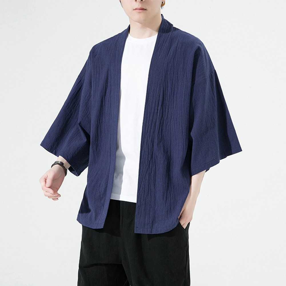 Vêtements kimono japonais élégants pour mode hommes couleur unie cardigan kaki